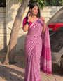 Magenta Pink & White Checkered Mul Cotton Saree with Blouse Piece