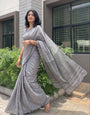Grey Mul Cotton Saree with Aari Foil Mirror Work, Embroidered Arco Border & Striped Printed Pallu with Blouse Piece