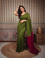 Olive Green Mul Cotton Saree with Contrast Magenta Pallu, Tassels & Matching Blouse