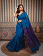 Cobalt Blue Mul Cotton Saree with Deep Purple Contrast Pallu, Tassels & Matching Blouse