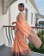 Peach Mul Cotton Saree with Aari Foil Mirror Work, Embroidered Arco Border & Contrast Printed Pallu with Blouse Piece