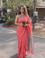 Coral Pink Mul Cotton Saree with Aari Foil Mirror Work, Embroidered Arco Border & Contrast Printed Pallu with Blouse Piece