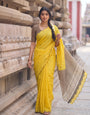 Yellow Mul Cotton Saree with Aari Foil Mirror Work, Embroidered Arco Border & Printed Pallu with Blouse Piece
