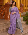 Lavender Mul Cotton Saree with Aari Foil Mirror Work, Embroidered Arco Border & Contrast Printed Pallu with Blouse Piece