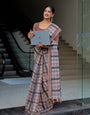 Dusty Brown Mul Cotton Checkered Saree for Women with Charcoal Grey Checks & Tassels | Soft Breathable Office & Daily Wear, Comes With Attached Blouse Piece