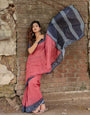 Rose Pink Mul Cotton Saree with Navy Blue Printed Border, Statement Pallu & Tassels | Office & Casual Wear, Comes With Attached Blouse Piece