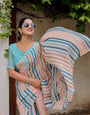 Multicolour Striped Mul Cotton Saree in Peach & Blue with Statement Pallu | Lightweight Office & Daily Wear Saree, Comes With Attached Blouse Piece