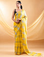 Yellow & Grey Checks Mul Cotton Saree with Tassels & Attached Blouse Piece