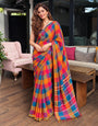Vibrant Multicolour Madras Checkered Mul Cotton Saree with Tassels & Attached Blouse Piece