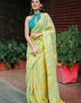 Sunshine Yellow & Aqua Checkered Mul Cotton Saree with Tasselled Pallu With Attached Blouse Piece, Comes With Attached Blouse Piece