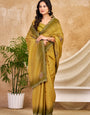 Mustard Olive Chocolate Silk Saree with Traditional Motifs, Swarovski Work & Ari Cutwork Border
