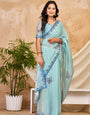 Aqua Blue Chocolate Silk Saree with Floral Digital Work, Swarovski Detailing & Designer Border
