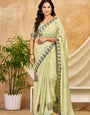 Pista Green Chocolate Silk Saree with Peacock Motifs, Swarovski Work & Designer Border