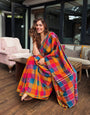Vibrant Multicolour Madras Checkered Mul Cotton Saree with Tassels & Attached Blouse Piece