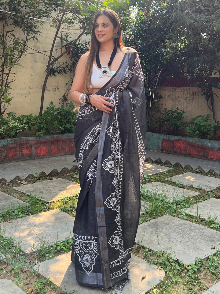 Black and White Pure Cotton Linen Saree with Intricate Floral Design and Tassels on Edges
