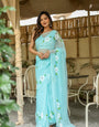 Sky Blue Chiffon Saree with White Floral Print | Lightweight Designer Saree with Blouse Piece
