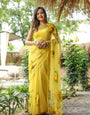 Yellow Chiffon Saree with Sunflower Floral Print | Lightweight Designer Saree with Blouse Piece