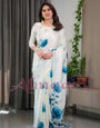 White & Blue Floral Satin Georgette Saree with Watercolour Bloom Print and Designer Back-Tie Blouse