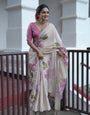 Royal Kasavu Mauve Floral Print Saree with Shimmer Zari Weave, Statement Pallu & Tassels on Edges