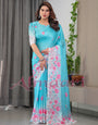 Aqua Blue Satin Georgette Pink Floral Printed Saree with Attached Blouse – Soft Pastel Designer Saree for Elegant & Festive Wear