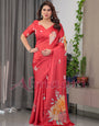Coral Red Satin Georgette Floral Printed Saree with Attached Blouse – Elegant Designer Saree for Festive & Party Wear