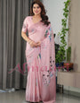 Blush Pink Satin Georgette Floral Printed Saree with Attached Blouse – Soft Pastel Designer Saree for Festive & Elegant Wear