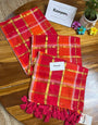 Rani Pink & Orange Madras Checkered Mul Cotton Saree with Gold Zari Checks, Tassels & Blouse Piece