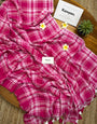 Rani Pink & White Madras Checkered Mul Cotton Saree with Tassels & Blouse Piece
