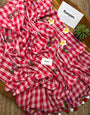 Red & White Checkered Mul Cotton Saree with Floral Motifs, Tassels & Blouse Piece