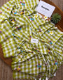 Lime Green & White Checkered Mul Cotton Saree with Multicolour Floral Motifs, Tassels & Blouse Piece