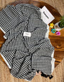 Black & White Checkered Mul Cotton Saree with Tassels & Blouse Piece