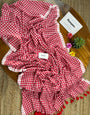 Red & White Checkered Mul Cotton Saree with Tassels & Blouse Piece