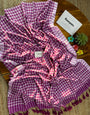 Magenta Pink & White Checkered Mul Cotton Saree with Blouse Piece