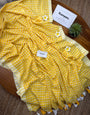 Sunshine Yellow & White Checkered Mul Cotton Saree with Tassels & Blouse Piece