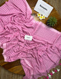 Baby Pink & White Checkered Mul Cotton Saree with Tassels & Blouse Piece