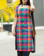 Madras 120 Count Cotton Multicolour Check Kurta Set with Black Palazzo & Dupatta for Women