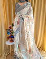 Elegant Beige Pure Linen Saree with Multicolor Zigzag Design and Tassel Finish