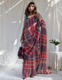 Coral Red Multicolour Madras Checks Mul Cotton Saree with Contrast Checks, Tassels & Blouse Piece