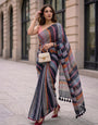 Midnight Black Multicolour Madras Checks Mul Cotton Saree with Contrast Stripes, Tassels & Blouse Piece