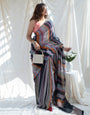 Midnight Black Multicolour Madras Checks Mul Cotton Saree with Contrast Stripes, Tassels & Blouse Piece