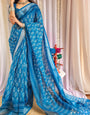 Elegant Blue Pure Linen Saree with Tassels and White Floral Patterns