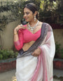 Elegant White and Pink Pure Linen Digital Printed Saree with Black Border, Tassels, and Blouse Piece ā Intricate Floral and Geometric Design