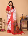 White & Red Handloom Linen Saree with Durga Panchami Art Pallu & Temple Festive Motifs | Zari Border & Tassel Finish