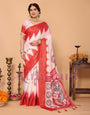 Off-White & Vermilion Red Handloom Linen Saree with Digital Goddess Saraswati Artwork & Zari Border – Festive Durga Puja Collection