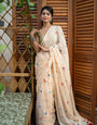 Ivory Cream Mul Cotton Saree with Multicolour Floral Motifs & Tassel Pallu