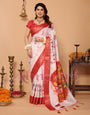 Off-White & Scarlet Red Pure Tussar Silk Saree with Kalighat Devi Artwork, Zari Border & Traditional Tassel Pallu