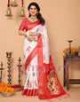 Off-White & Vermilion Red Pure Tussar Silk Saree with Durga Eyes & Devi Face Pallu | Zari Border & Festive Tassels