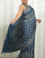 Steel Blue Modal Silk Ajrakh Print Saree with Floral Motifs, Designer Pallu & Tassel Border | Traditional Ethnic Wear Saree