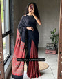 Ajrakh Chinnon Printed Saree with Tassel Detailing & Attached Blouse (No Mirror Work)