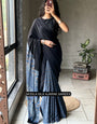 Ajrakh Chinnon Printed Saree with Tassel Detailing & Attached Blouse (No Mirror Work)